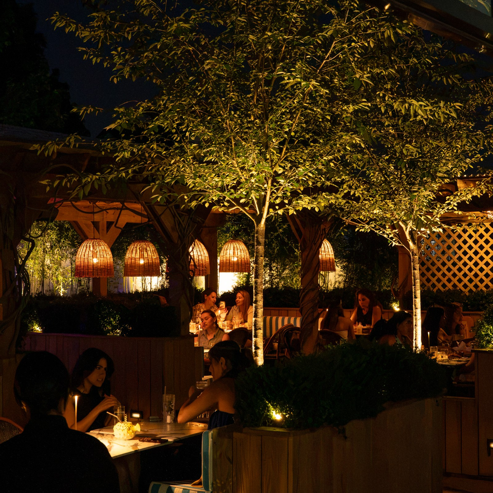 Outdoor restaurant patio at night with diners, illuminated trees, and warm woven pendant lights.