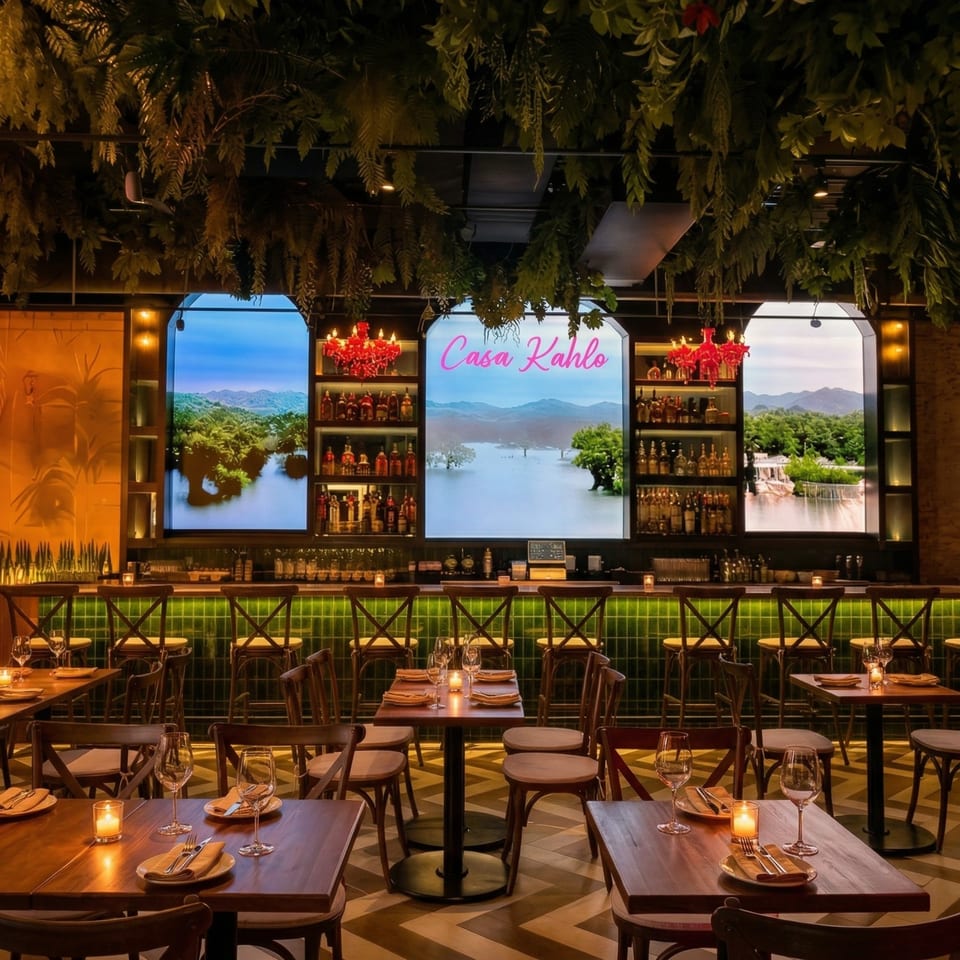 Casa Kahlo restaurant interior with lush greenery, illuminated bar, and set tables with candles.