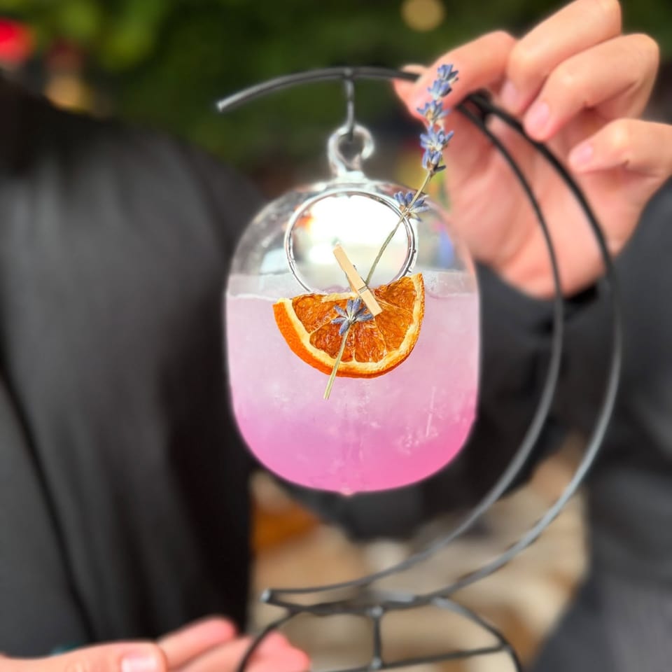 A person holds a pink cocktail in a unique hanging glass, garnished with dried orange and lavender.